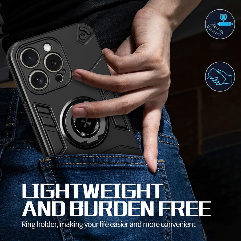 For iPhone 15 Pro Case with Ring Holder Kickstand PC + TPU Anti-Fall Phone Cover