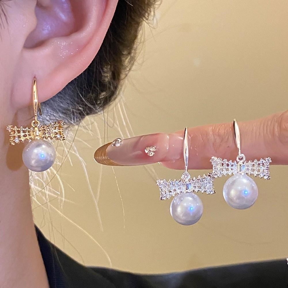 Wedding Bride Bow Pearl Long Earrings Simulation Freshwater Pearl Ear Hook Drop Earrings  Female