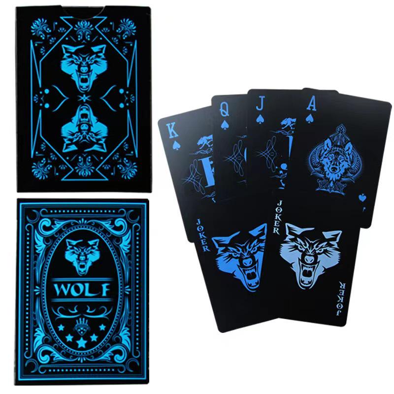Waterproof Non-Slip PVC Playing Cards - Wolf Head Design in Black & Blue, Washable for Party and Dou Dizhu Games