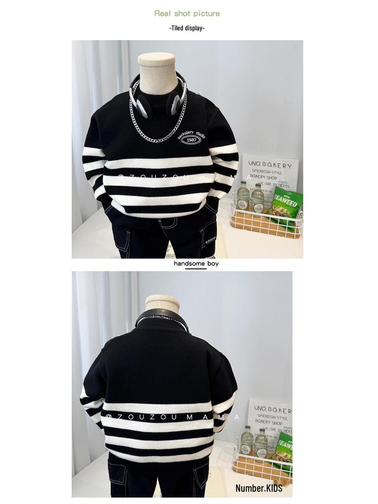 Striped Knit Sweater for Boys - Cozy Autumn/Winter 2025 Korean Style Pullover