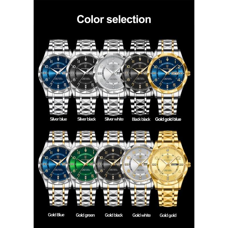 POEDAGAR Luxury Man Wristwatch Waterproof Luminous Date Week Watch Sport Stainless Steel Quartz Watches Male reloj+box