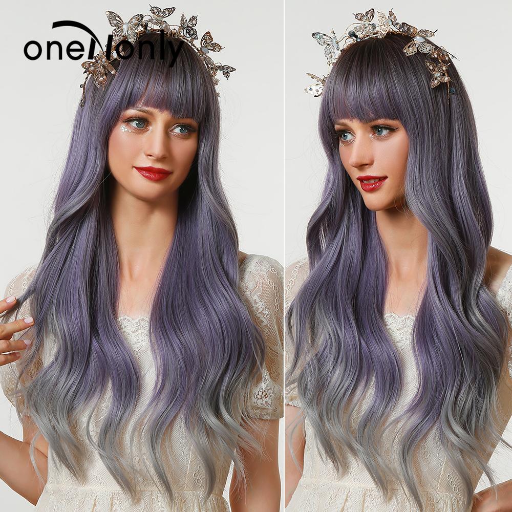 oneNonly Purple Blue Wig with Bangs Long Wavy Cosplay Lolita   Women Wigs  Halloween Party High Temperature Hair