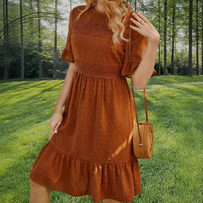 Spring and Summer Women's Lace Patchwork Round Neck Peplum Sleeve Dress