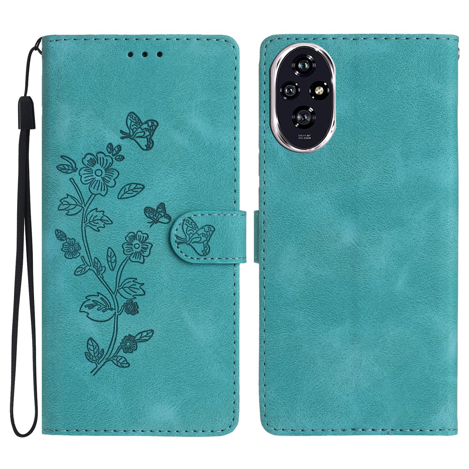 For Honor 200 5G Case Leather Imprinted Flower Phone Cover Wallet with Wrist Strap B