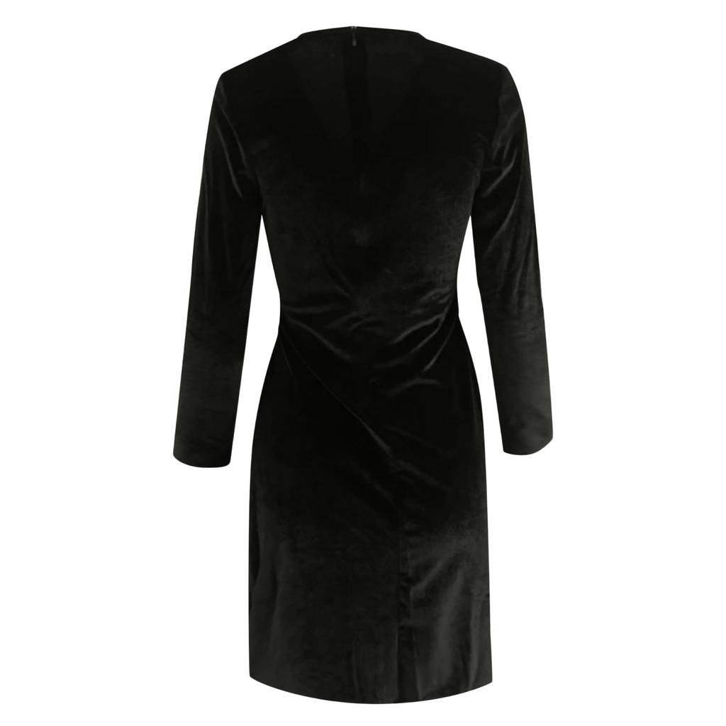 Women's Velvet Dress Sexy Pleated Slim Deep V-neck Elegant Long Sleeve Wrap Party Evening Gown Dress
