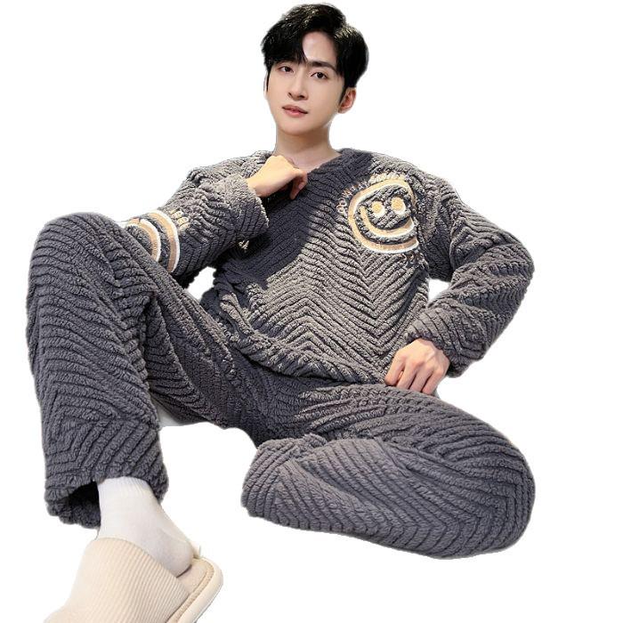 Men's Thick Coral Fleece Flannel Pajama Set - Warm Autumn/Winter Homewear