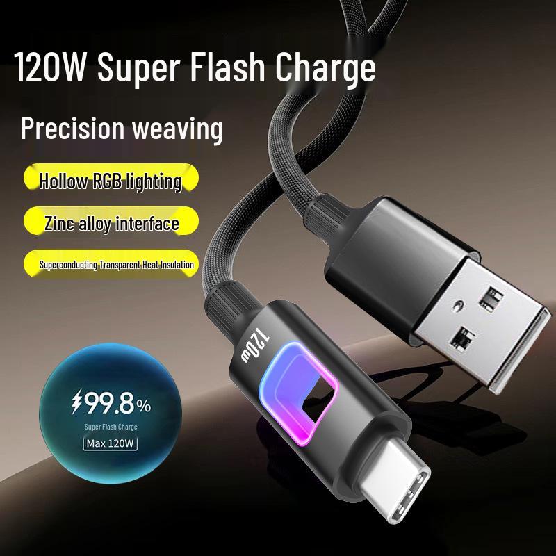 120W Luminous Type-C Cable for Super Flash Charging: Compatible with Apple, Huawei, Vivo, Oppo, and Xiaomi Devices
