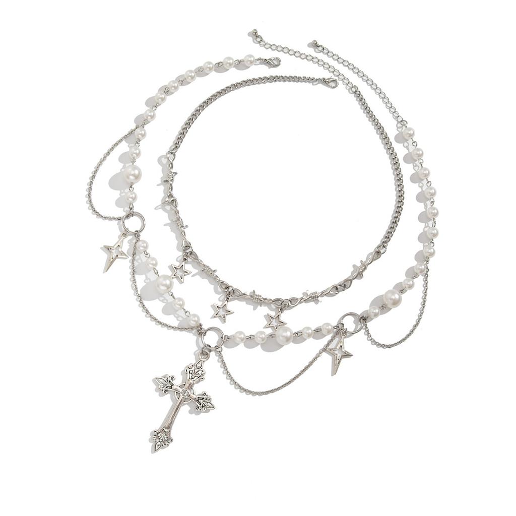 2pc Elegant Crosses Pearls Necklace Versatile Crosses Pendant Pearls Necklace Jewelry for Faithful Fashionistas