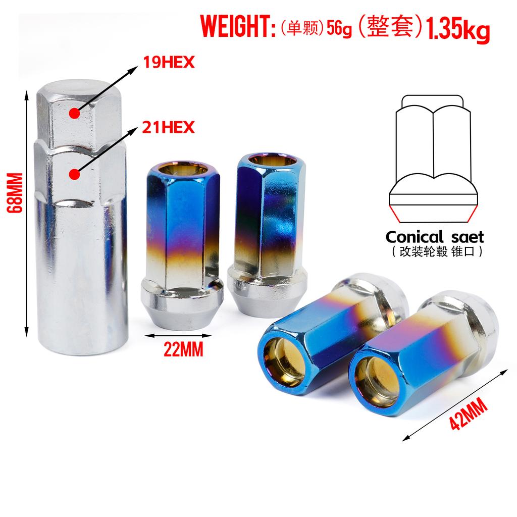 17HEX 42mm M12X1.5 M12X1.25 Koyu Mavi Çelik Otomobil Jant Kilit Bijonları 20 adet/set