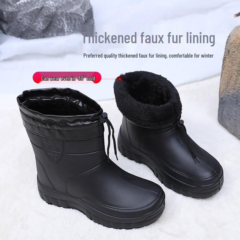 Vanntette fleeceforede midtlegg-regnstøvler, varme og tykkere med snøring for vinterbeskyttelse. Egnet for utendørs bruk.