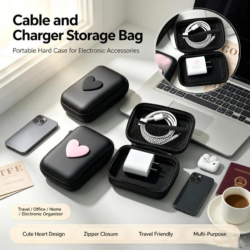 Reiseaufbewahrungstasche Tragbare Ladehülle USB-Datenkabel-Organizer Kopfhörerkabeltasche Quadratische Reißverschlusstasche mit 3D-Herz