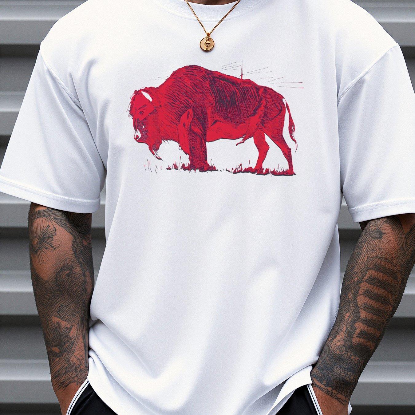 Red Buffalo Graphic Tee Mens Black Cotton TShirt Casual Loose Print Outdoor Round Neck S