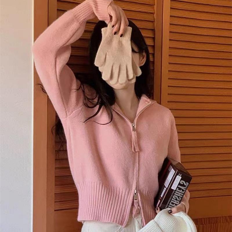 Blue Knitted Zipper Shirt Women's Autumn New Hooded Jacket Short Super Small Jacket Sweater