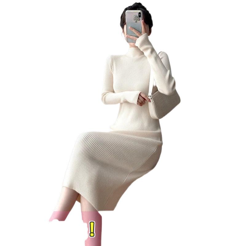 2024 Autumn/Winter Mid-Length Wool Coat with Semi-High Collar Knitted Dress - Women's Black Base Layer
