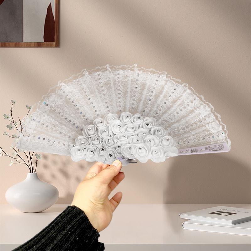 

1pc Ancient White Cosplay Home Party Lace Folding Fan Wedding Bride Ornaments Dance