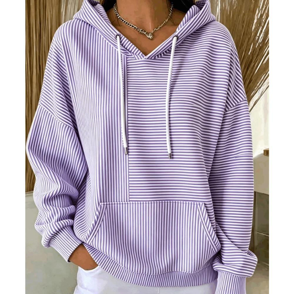 Women's V Neck Long Sleeve Striped Hoodie Casual Loose Pullover Sweatshirt for Daily Wear