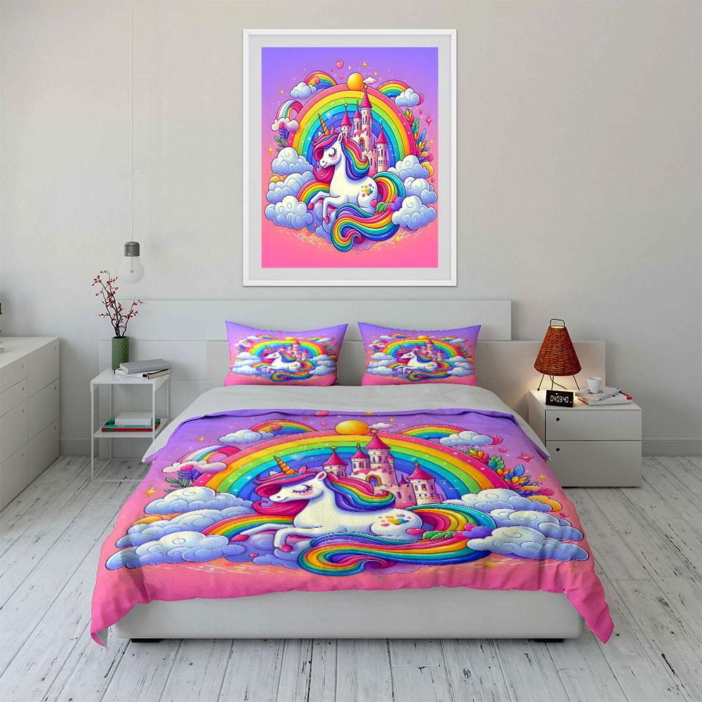 Unicorn Rainbow Castle Set Multiple Sizes Kid'S And Adults' Bedroom Exquisite 3Pc Bedding Set, Gift