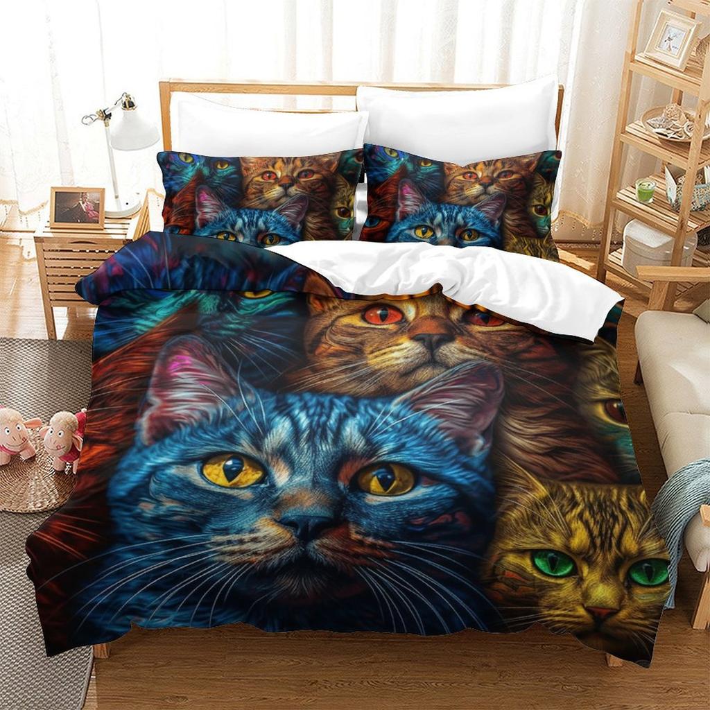 Colorful Cat 3D Digital Printing Polyester Quilt Cover Two Or Three Pieces Can Be