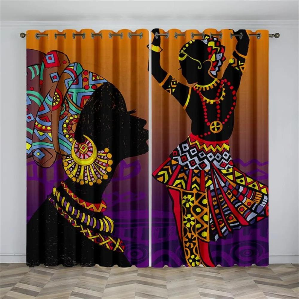 Schwarze Afrikanische Frauen Kunst Abstraktes Design National Lichtfilternde Vorhänge Fenstergardinen für Wohnzimmer Schlafzimmer 2 Stück Dekor