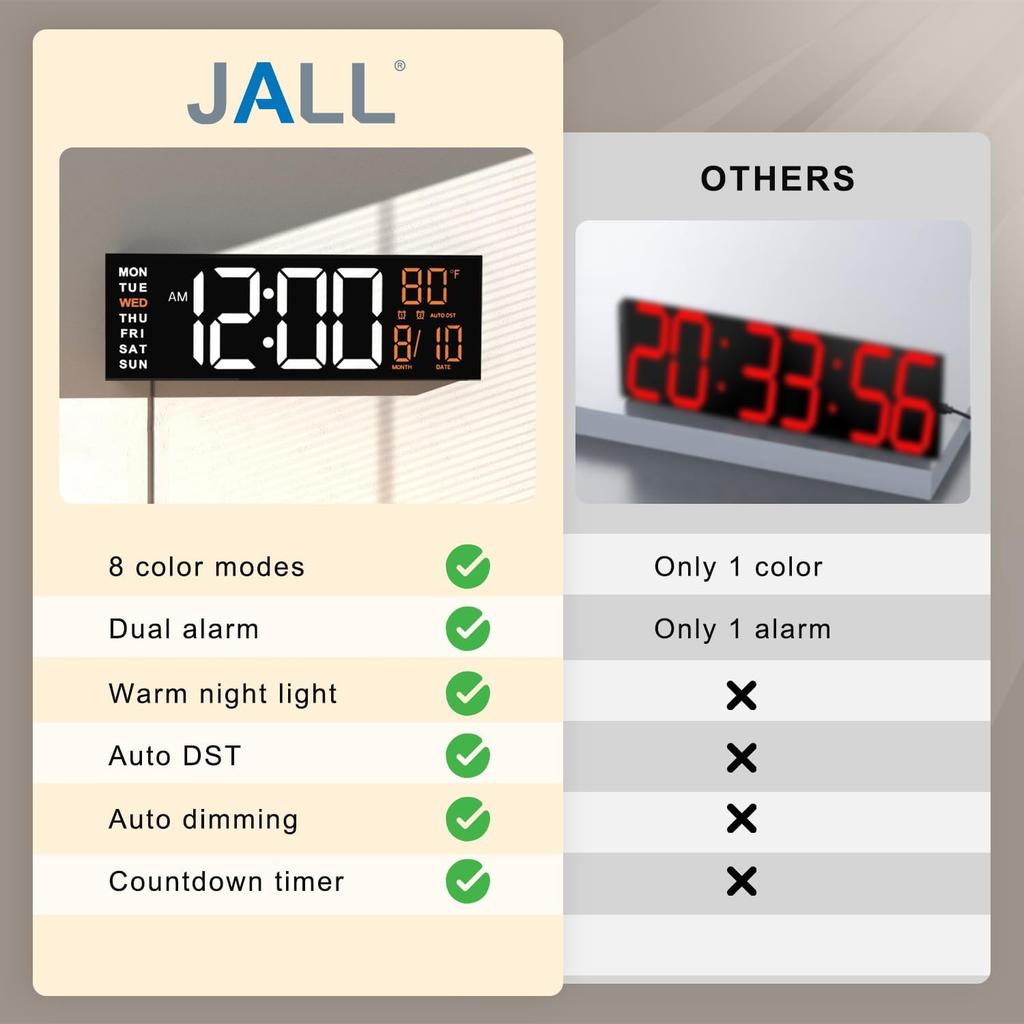 JALL 16" Large Digital Wall Mount Clock, Count Down Timer, Alarm, Big LED, RGB Color, DST, Temperature for Living Room Classroom Desk, Xmas, Birthday