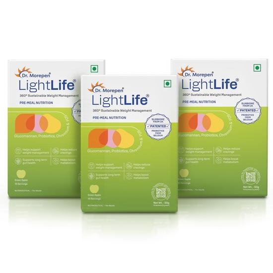 Dr. Morepen LightLife Pre-Meal Nutrition Mix | Controls Appetite & Reduces Cravings | For Men & Women | 30 Sachets | Flavor-Green Apple