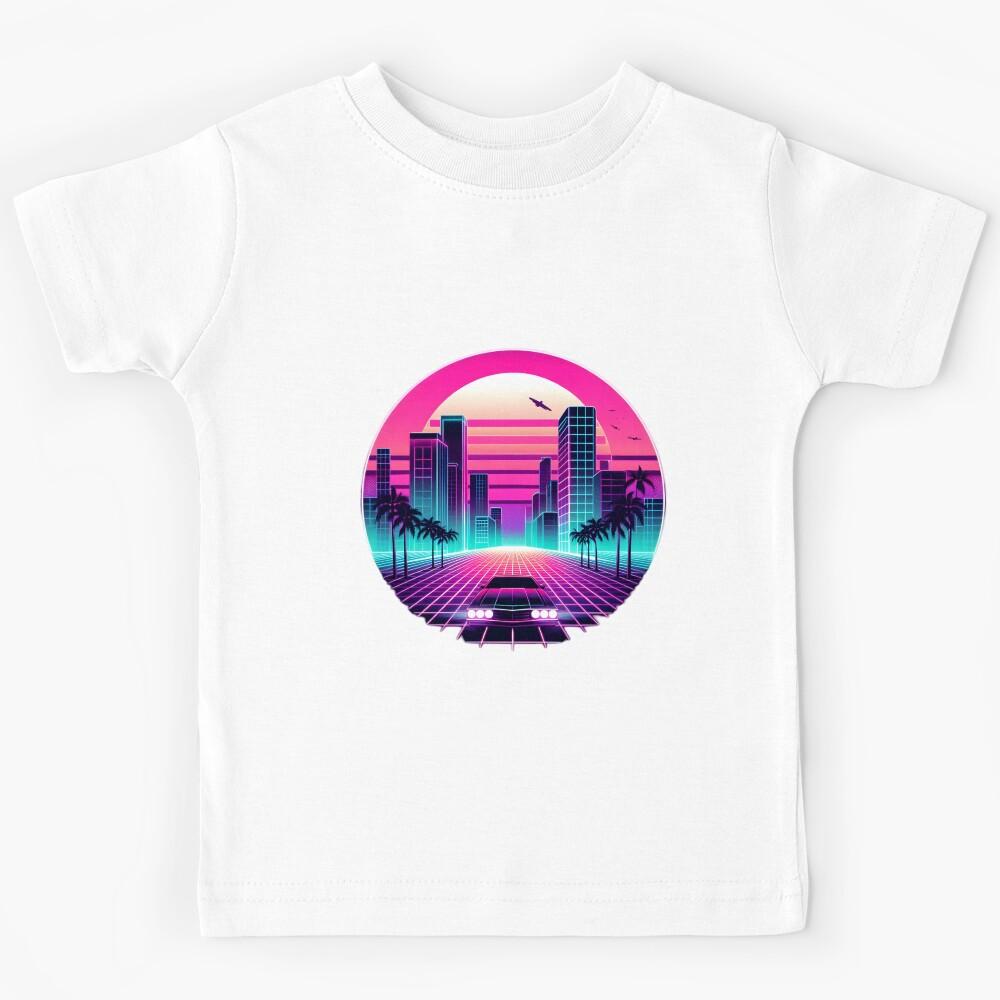 Retro Futuristic Neon Cityscape with Car Kids T-Shirt 140