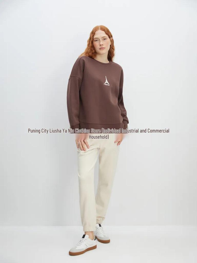 American Style Eiffel Tower Print Oversize Hoodie for Women - Autumn/Winter Round Neck Pullover