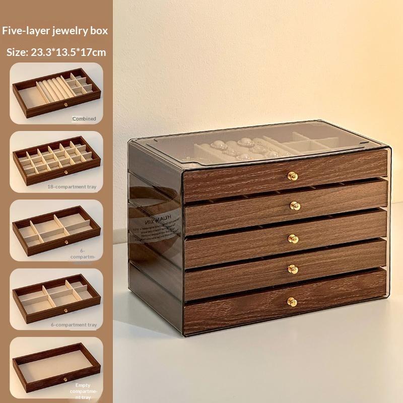 Five Layer Wood Grain Jewelry Box Multi Grid Drawer Storage Case For Earrings Rings Necklaces Bracelets Desktop Organizer