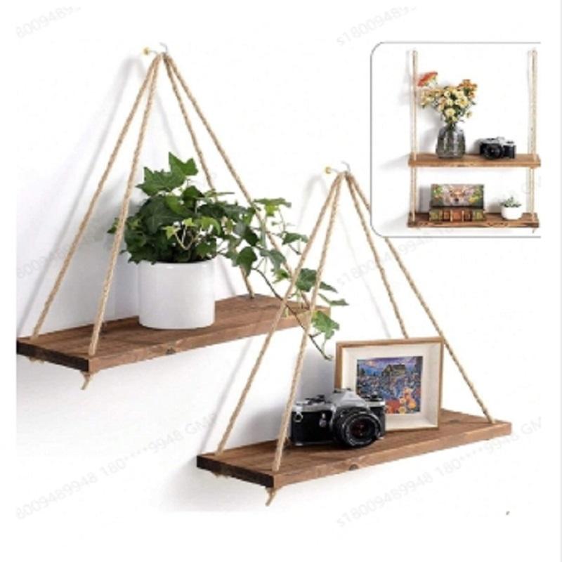 1/3pc Wood Swing Hanging Rope Wall Mounted Floating Shelves Home Living Room Wall Shelf Sundries Storage Outdoor Garden Decor