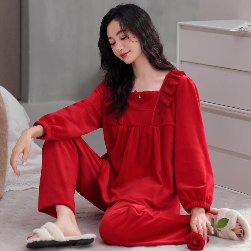 Pajamas Women'S Autumn And Winter Island Velvet Red Natal Year Women'S Thin Velvet Loungewear Suit Winter