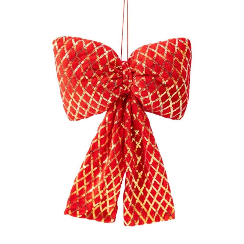 Fabric Christmas Bowknot Hanging Decoration With Shimmering Plaids Design For Christmas Party Home Holiday Accent
