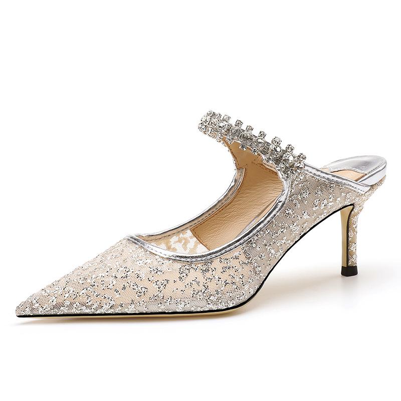 JC Fairy Rhinestone Patent Leather Stiletto Mules: Summer Pointed Toe, Closed Temperament Half-Slippers