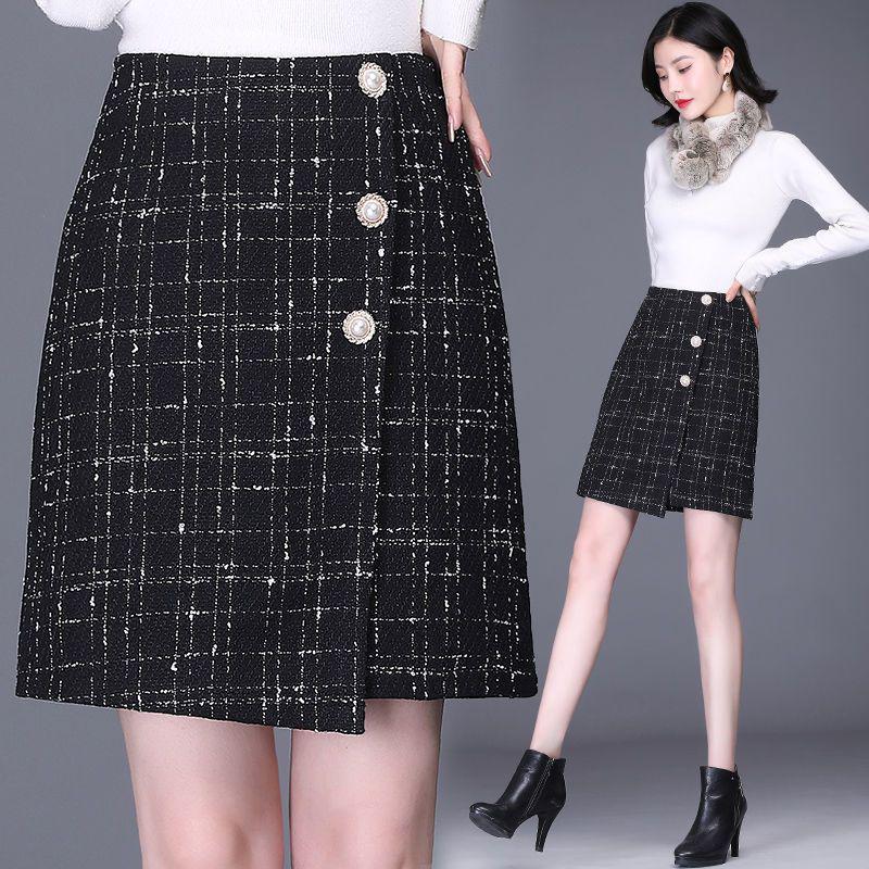 2025 Korejský styl Sukně áčkového střihu z tvídu s vysokým pasem a kostkovaným vzorem pro ženy - Podzimní/zimní krátká zeštíhlující sukně