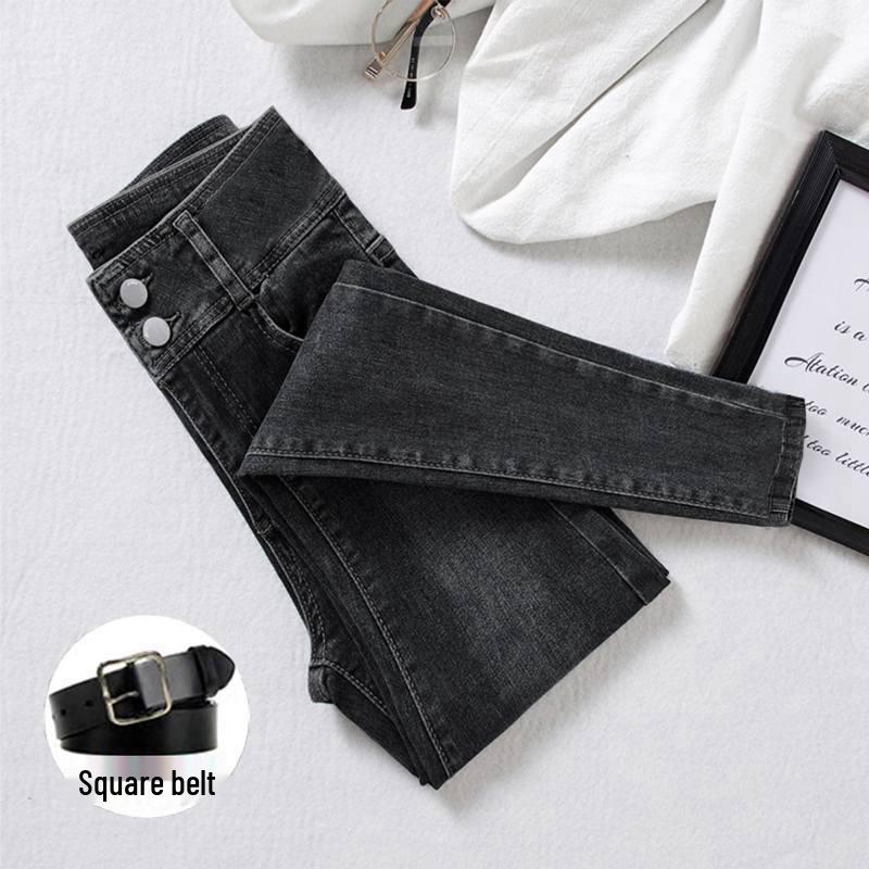 Blue-Gray High-Waisted Skinny Bootcut Jeans for Women: Fleece-Lined, Thickened, Slimming, Tapered Leg – 2022 Autumn/Winter Collection.