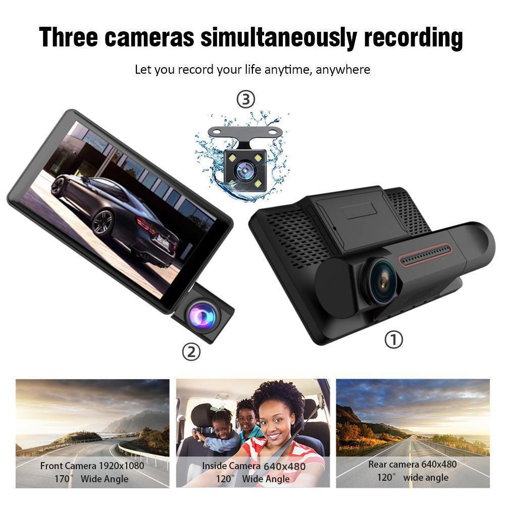 1080P DVR Dash Camera 3-Lens Front & Inside & Rear Camera Driving Recorder 4 Inch Screen Dashcam