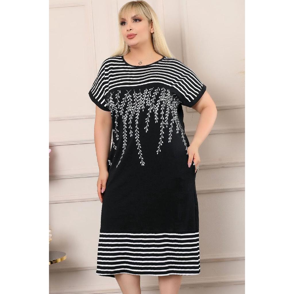 Olive Branched Striped Round Collar Block Short Sleeve Comfortable Dress