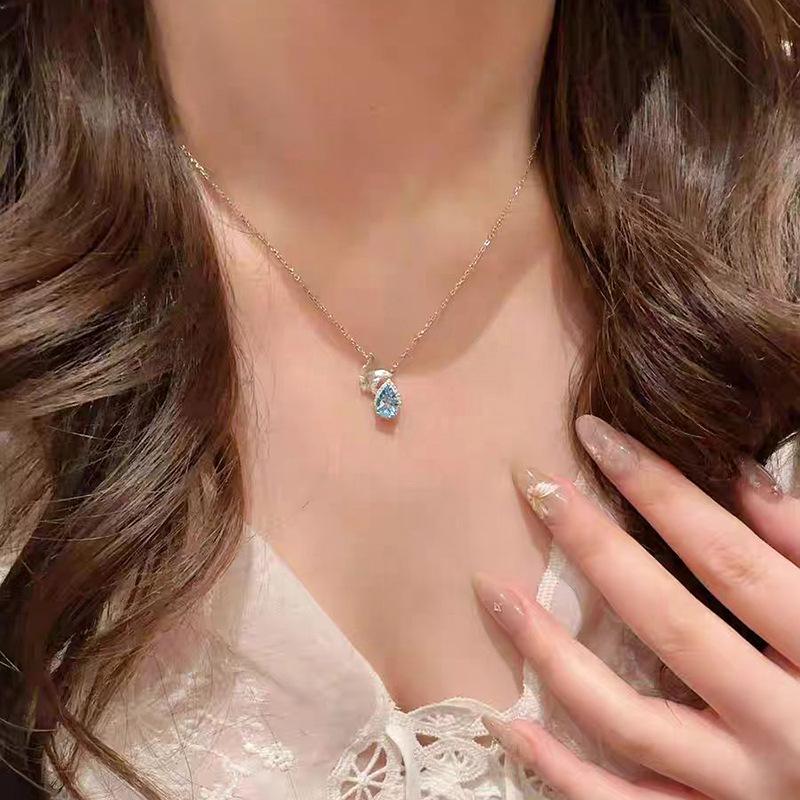 Hui Zhiyi S925 Silver Topaz Butterfly Necklace – Light Blue Teardrop Pendant