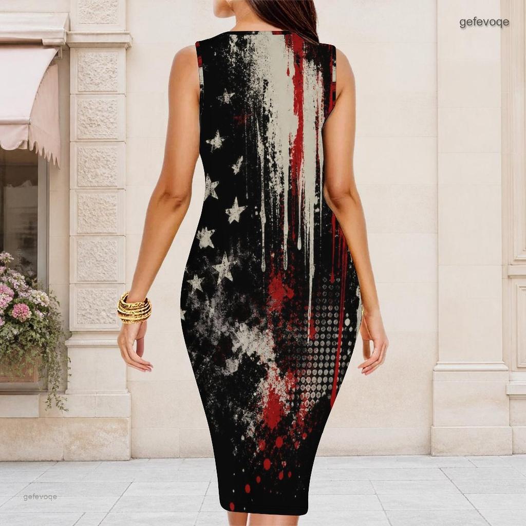 Women Plus Size Round Neck Sleeveless Printed Black Gold Bodycon Midi Dress