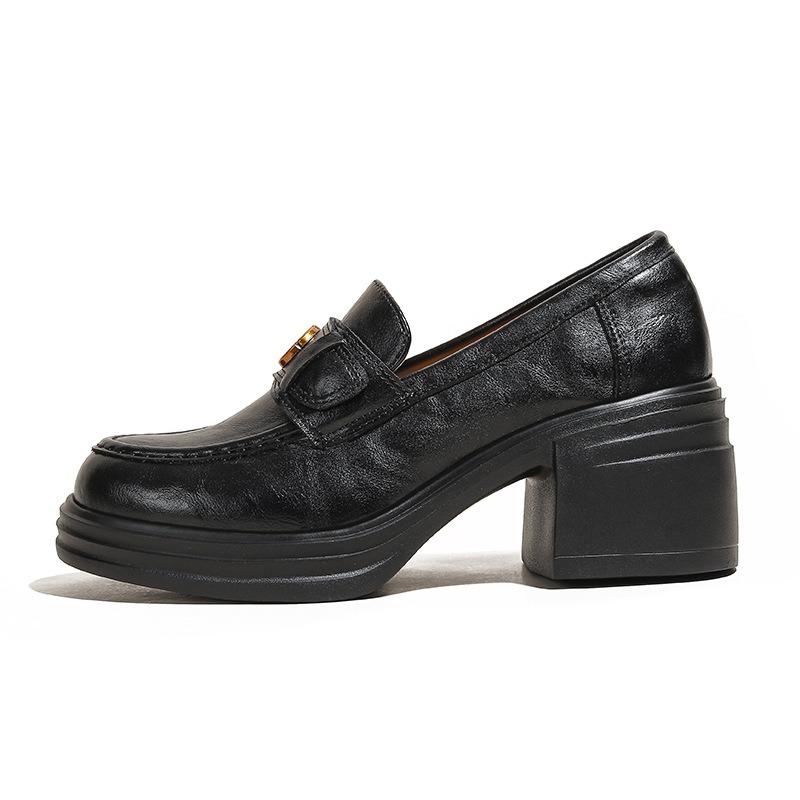 Retro Kamelie dicker Absatz Damen Frühling neu runder Kopf One-Pedal Plateau kleine Lederschuhe