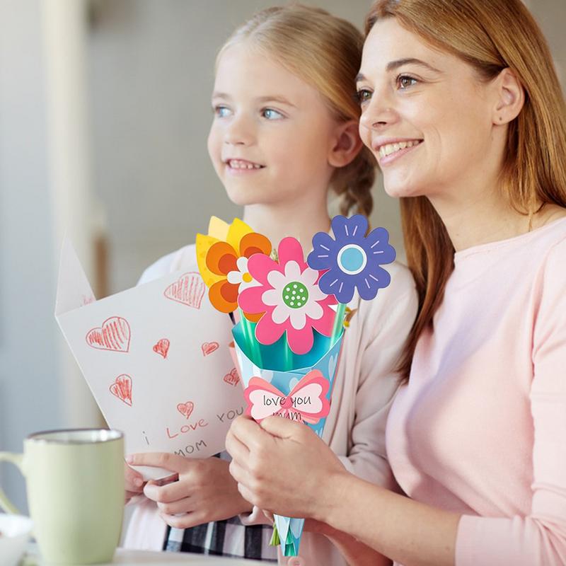 Mothers Day Flower Greeting Card Paper Mothers Day Card Flower Bouquet Craft Kit Handmade 12 Pieces Cardstock Smooth Paper Toy