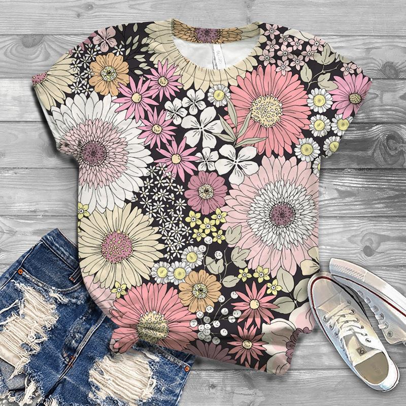 Damen Sommer Europäisch und Amerikanisch Neu 3D Freizeit Kunst Design Blumen Bedrucktes T-Shirt