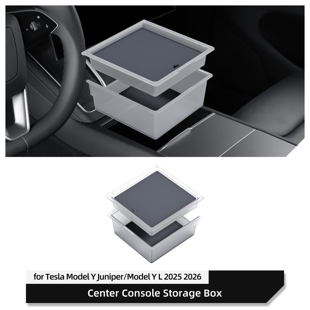 LUCKEASY for Tesla Model Y Juniper/Model YL 2025 2026 Center Console Storage Box Transparent Double-layer Car Tray Accessories