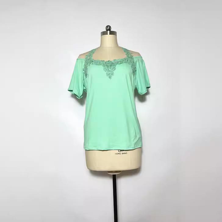 European & American Lace V-Neck Women's Short Sleeve Solid Color Casual T-Shirt