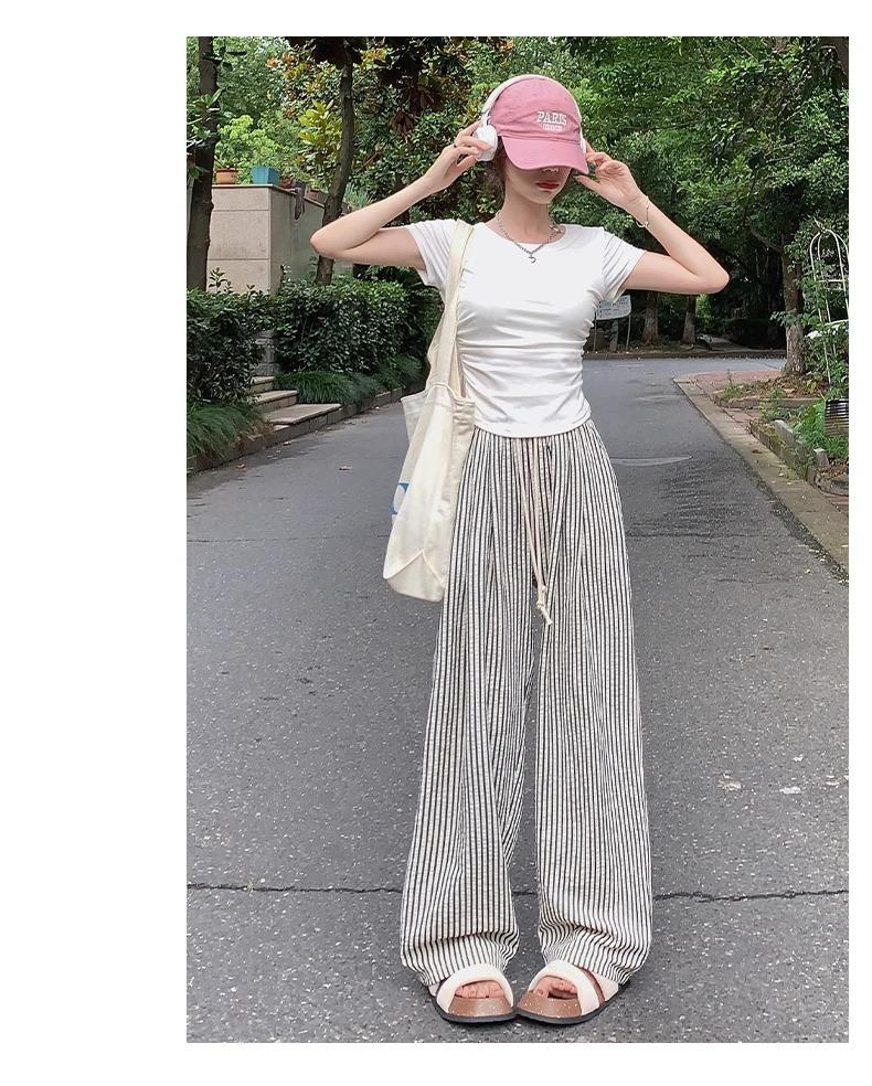 Petite High-Waisted Black & White Striped Wide-Leg Drawstring Pants