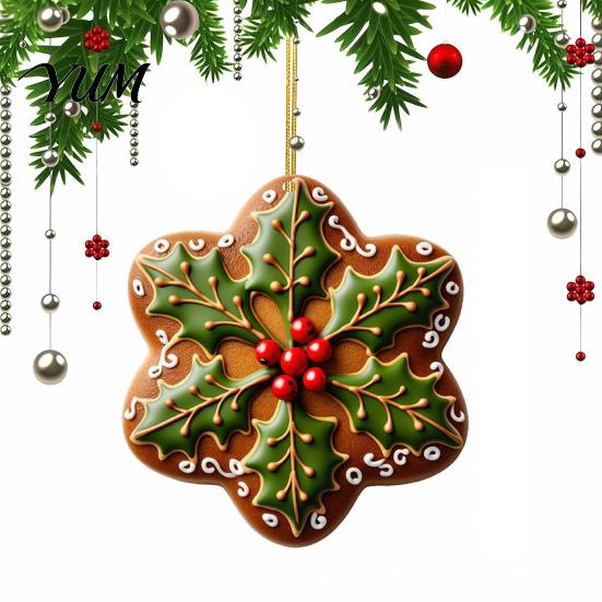 Indoor Hanging Decor 2D Acrylic Christmas Ornament, Gingerbread Snowflake Red Berry Decoration Decorative Holiday Pendants for Xmas Tree, Car Rearview