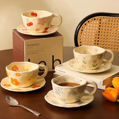 300ML Koreaanse Stijl Handgeknepen Onregelmatige Keramische Mok Handgeschilderde Bloem Hart Koffiekop Ontbijt Melk Afternoon Tea Kop Cadeau