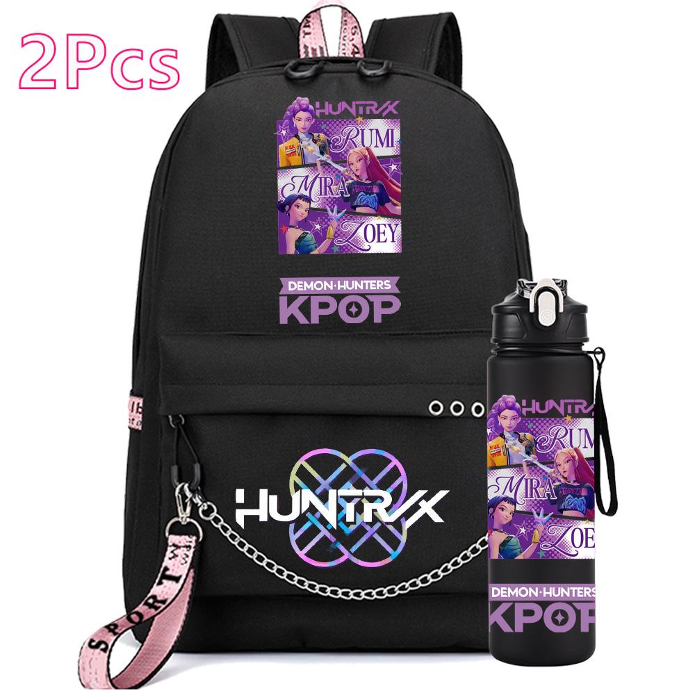 2Pcs/set Anime Cute Kpop Printed Backpack with 750Ml Water Bottler for Teenager Girl Boy Bookbag Kid Gift Large Capacity Travel Bag Rucksak