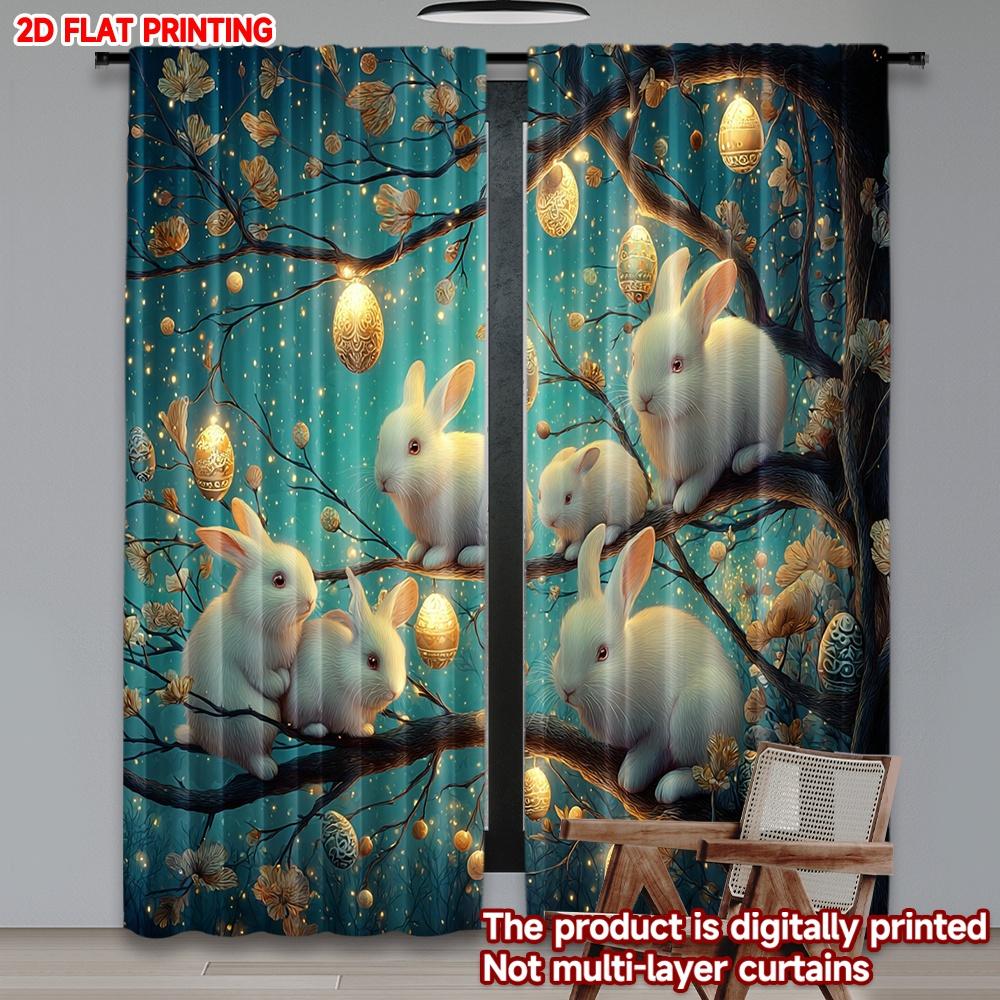 

Set Of 2 Flat Printing Happy Valentine Day Curtain Starry Rabbit Egg Digital Printed Polyester Drapes Party Decorations W100*H70(CM)-Grommet top&2PCS