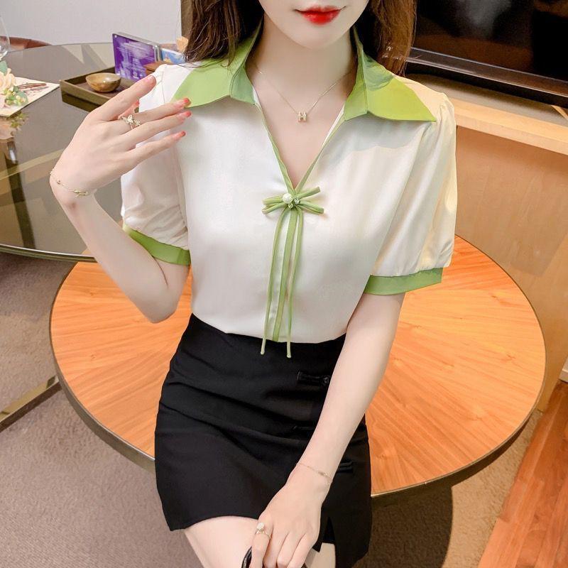 Women s Chiffon Shirt with Bow V-neck Short Sleeved Chiffon Shirt for Women Casual Loose Fit Shirt Top S зелёный