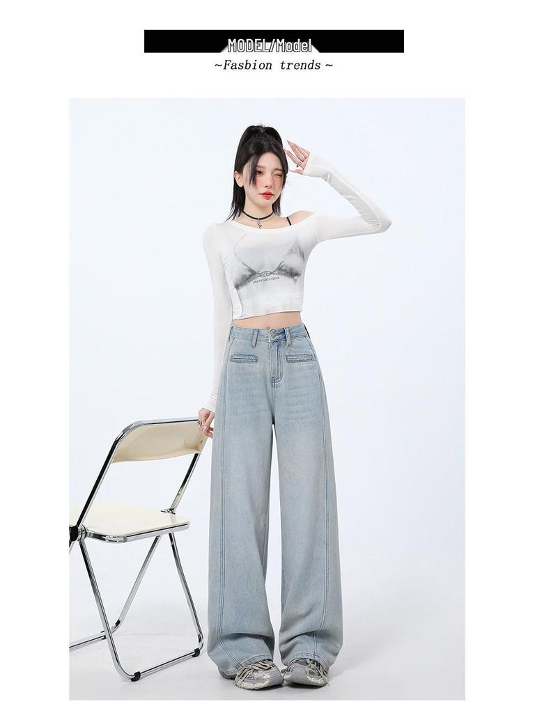 Ljusblå Wide-Leg Jeans med Hög Midja för Kvinnor - Våren 2025 Smalande Lös Passform Rak Ben Design